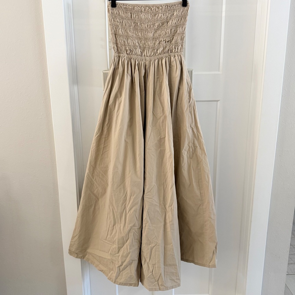 Misa Los Angeles Andrea Jumpsuit Sand‎ Smocked Wide Leg Strapless Size Small